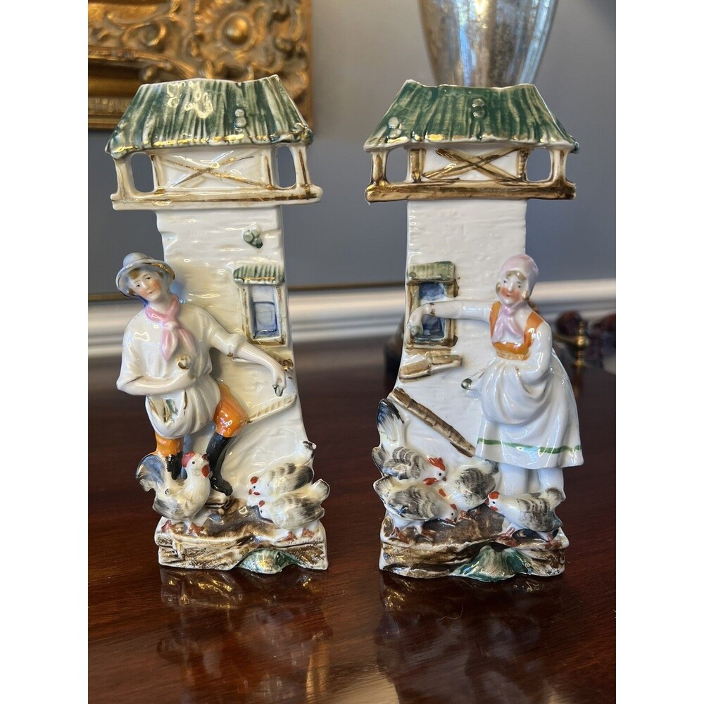 Antique  German  Spill Vases Figural Farmers and Chickens Set Of 2